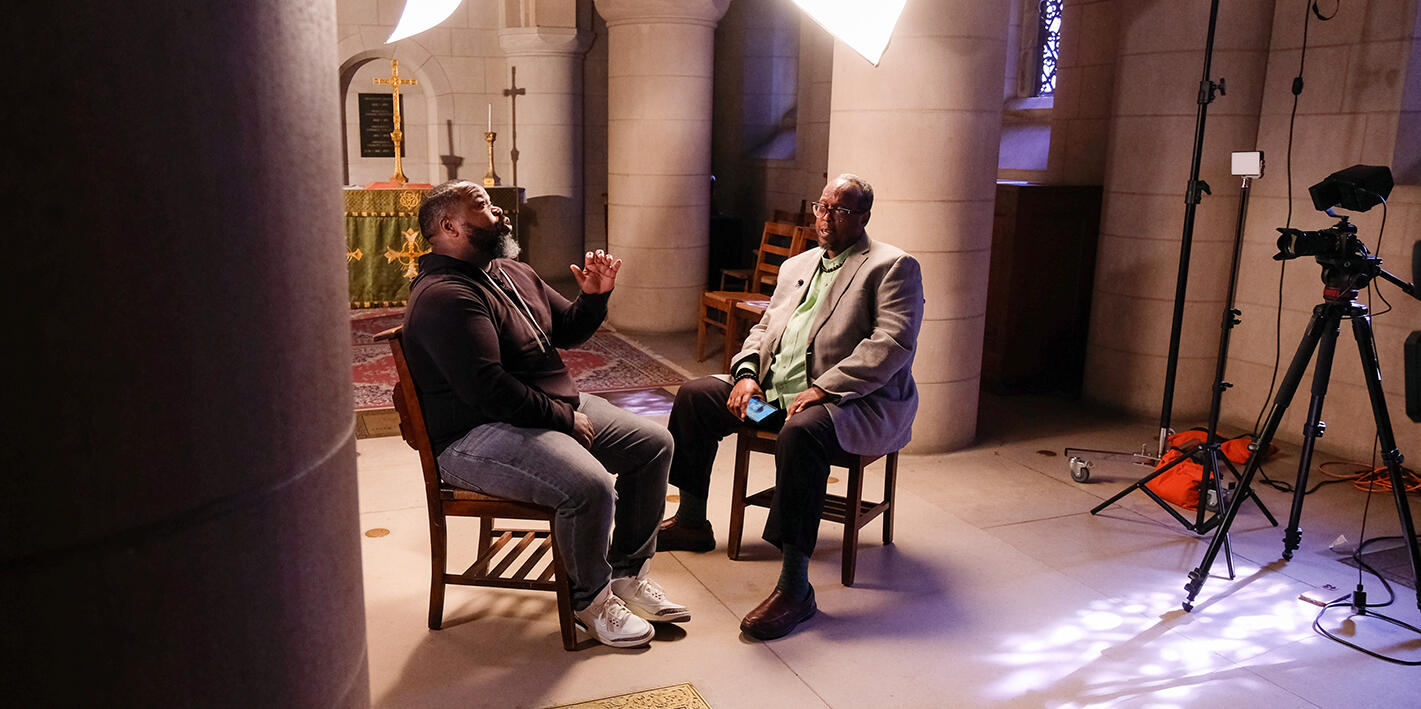 Dr. Ashon Crawley, the 2024-25 Keohane Visiting Professor at Duke, on-set with host Dr. Mark Anthony Neal. Photo: Jakiah Glass