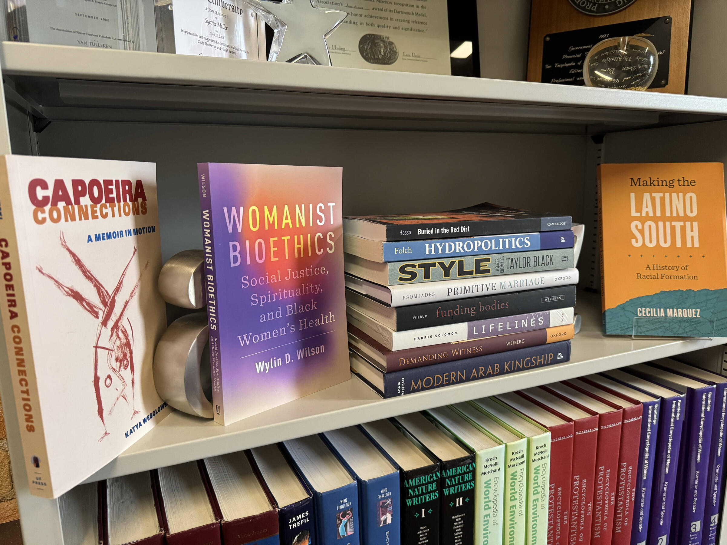 A collection of books lie stacked on a shelf